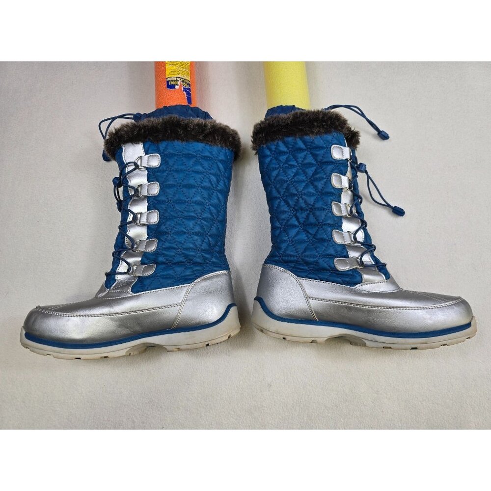 Lands End Womens Size 7 Quilted Winter Snow Boots Blue & Silver Faux Fur Trim